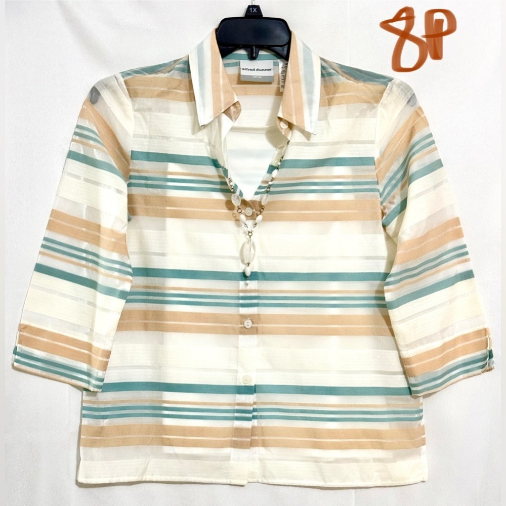 Alfred Dunner Striped Button-Up Top - Cream, Tan, Teal